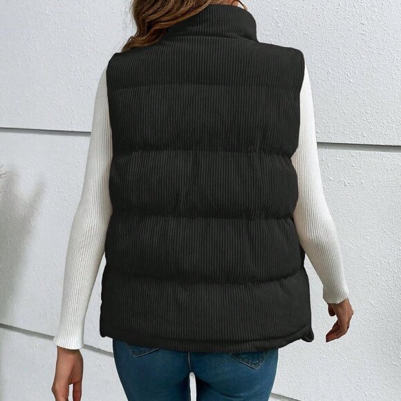 Black Casual Women's Minimalistic Button Up Padded Coat Vest - Picture 3 of 7
